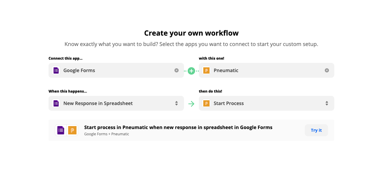 The next level of automation involves integration with external software systems. Pneumatic currently supports integration through Zapier and Integromat out of the box.